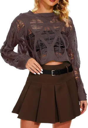 Women's See Through Hole Ripped Crop Tops Knit Pullover Short Sweaters