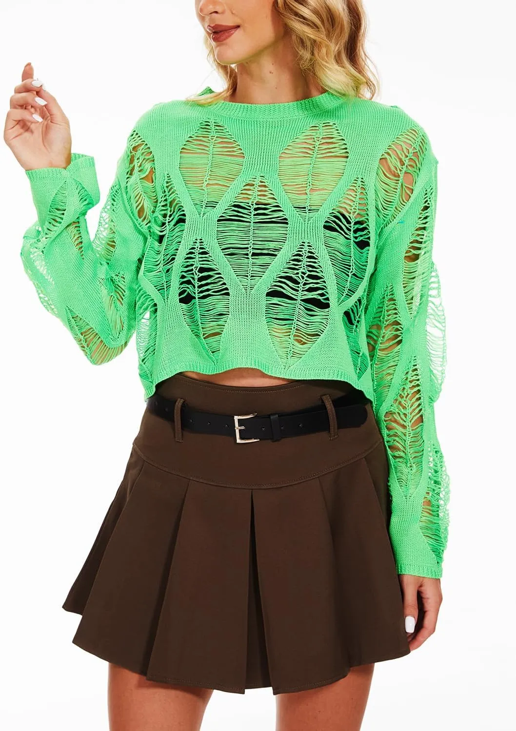 Women's See Through Hole Ripped Crop Tops Knit Pullover Short Sweaters