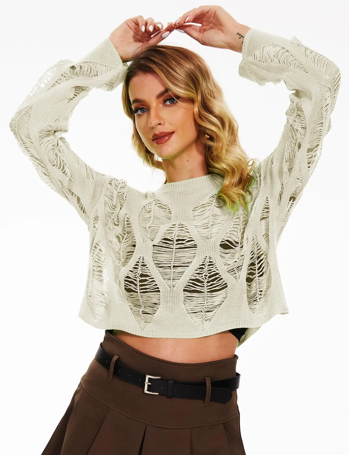 Women's See Through Hole Ripped Crop Tops Knit Pullover Short Sweaters