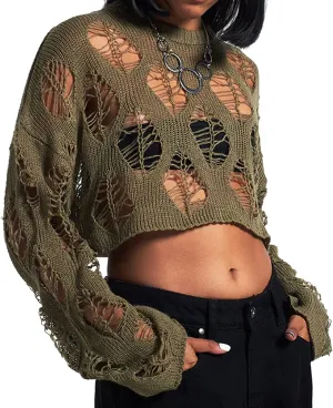 Women's See Through Hole Ripped Crop Tops Knit Pullover Short Sweaters