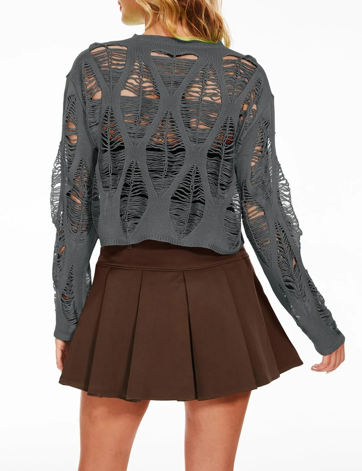 Women's See Through Hole Ripped Crop Tops Knit Pullover Short Sweaters