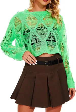Women's See Through Hole Ripped Crop Tops Knit Pullover Short Sweaters