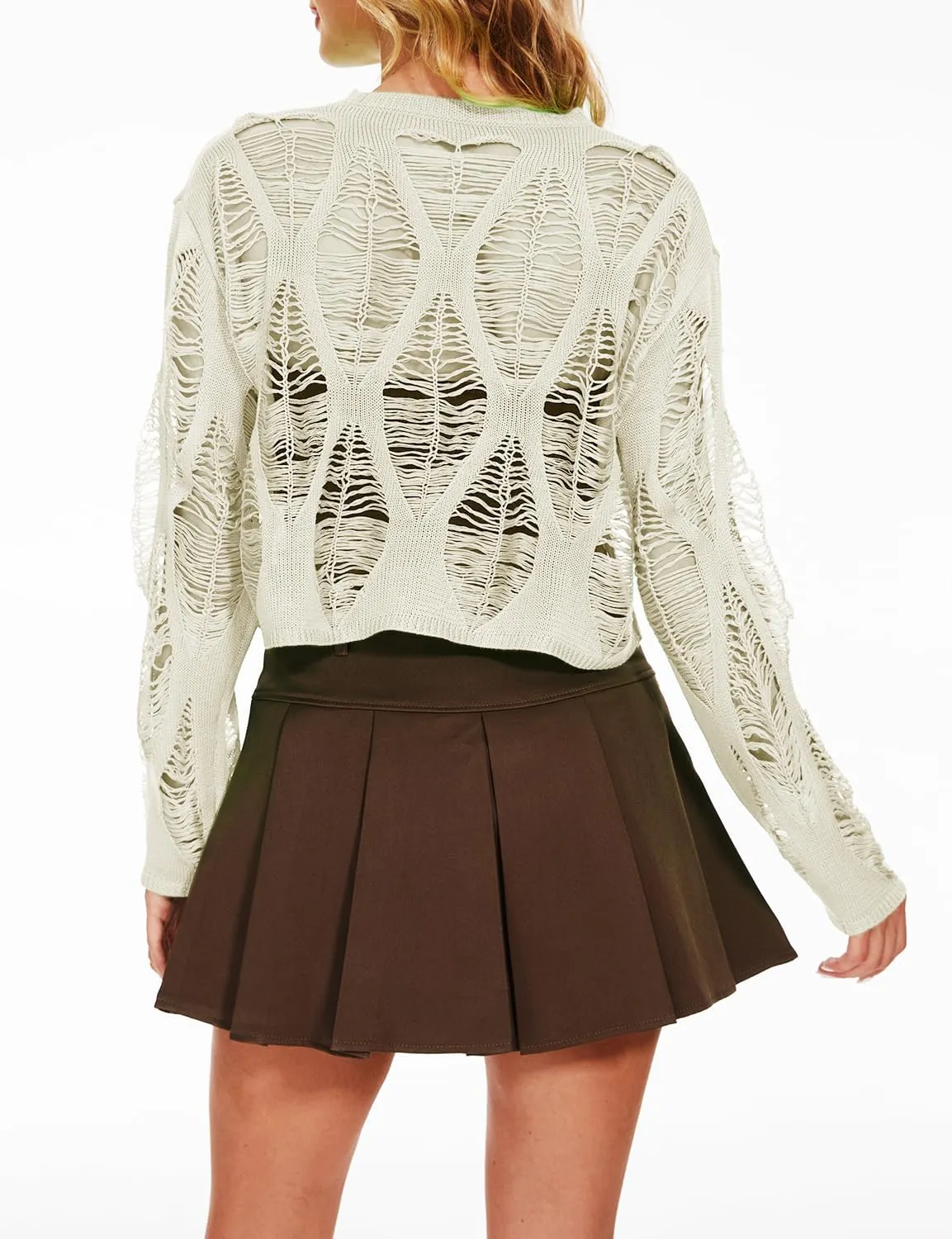 Women's See Through Hole Ripped Crop Tops Knit Pullover Short Sweaters