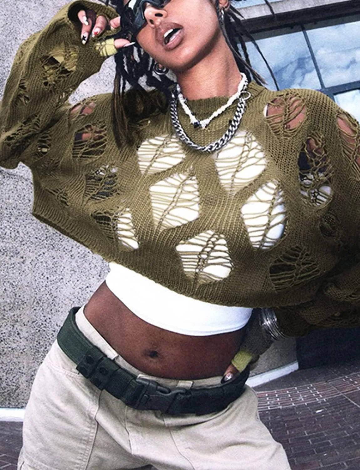 Women's See Through Hole Ripped Crop Tops Knit Pullover Short Sweaters