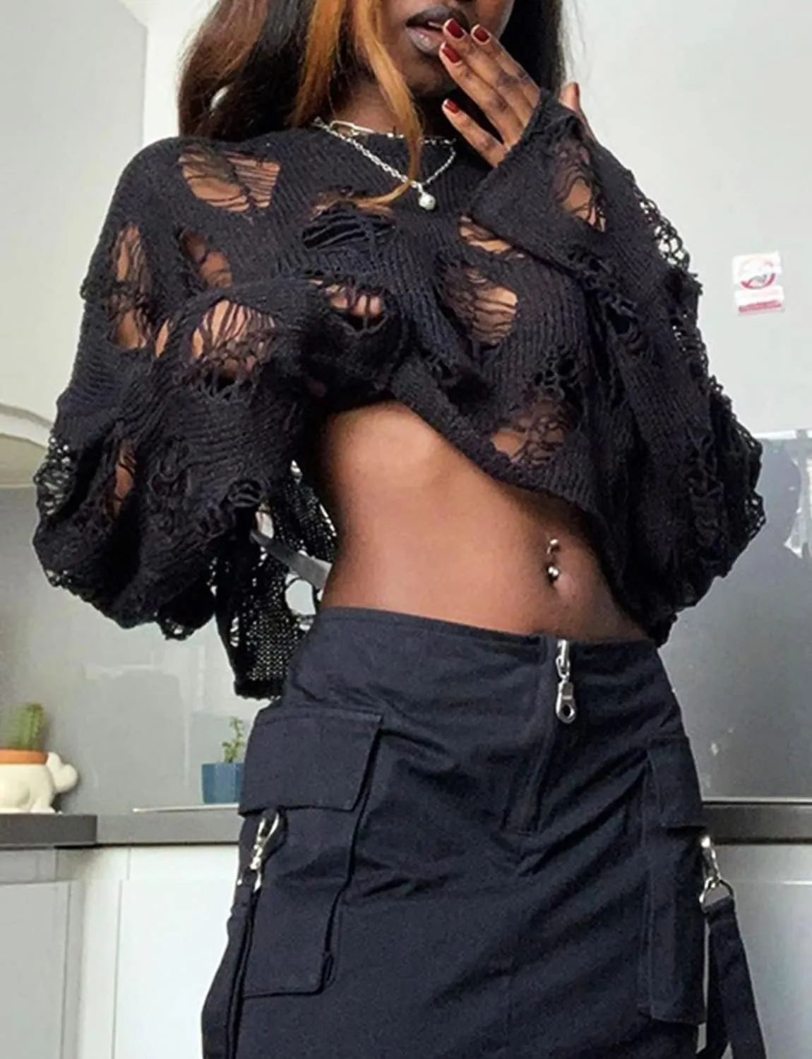 Women's See Through Hole Ripped Crop Tops Knit Pullover Short Sweaters