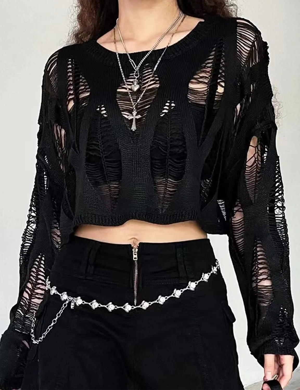 Women's See Through Hole Ripped Crop Tops Knit Pullover Short Sweaters