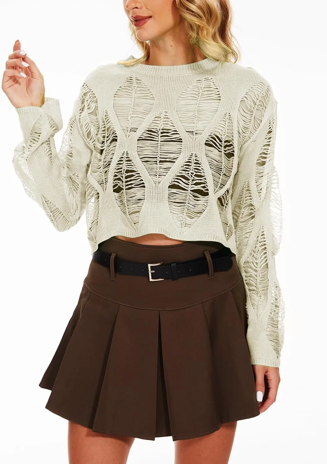 Women's See Through Hole Ripped Crop Tops Knit Pullover Short Sweaters