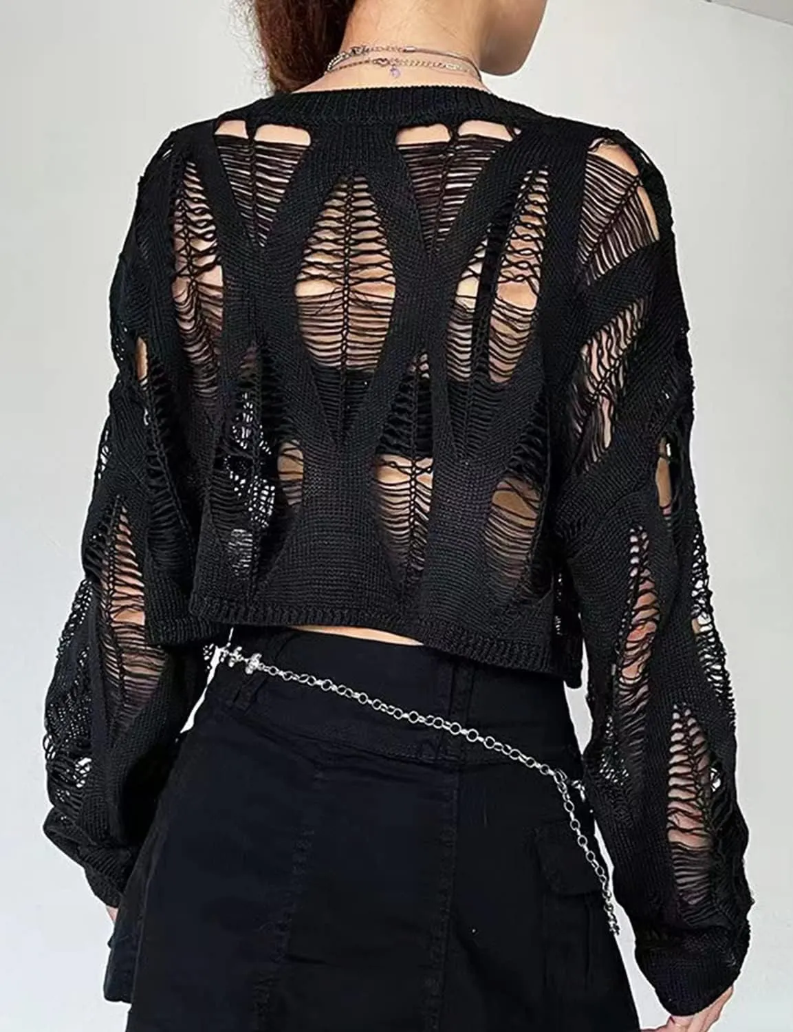 Women's See Through Hole Ripped Crop Tops Knit Pullover Short Sweaters