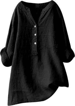 Womens Short Sleeve Cotton Linen Shirts Casual V Neck Dressy T-Shirt Boho Loose Summer Tshirt