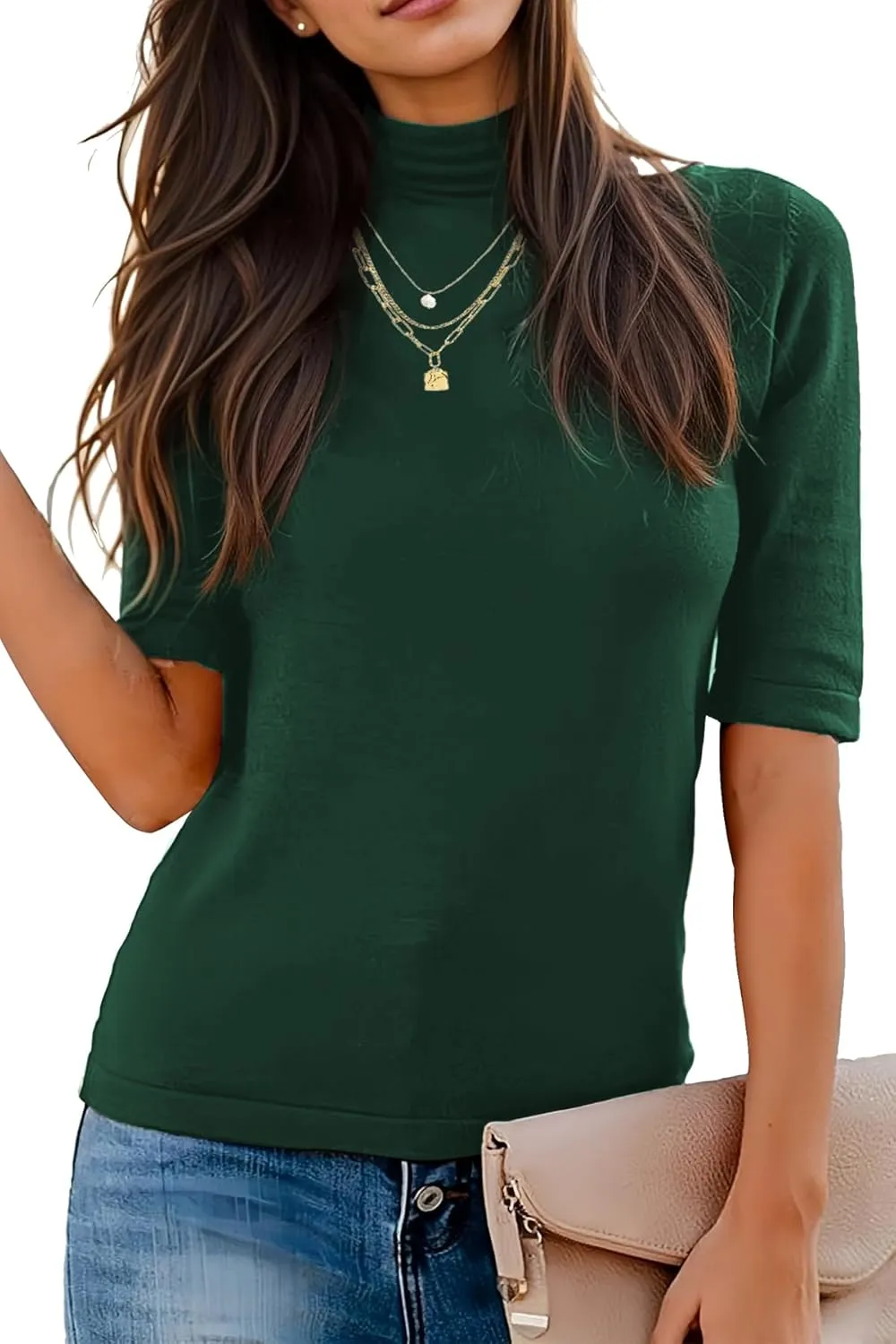 Women's Short Sleeve Mock Turtleneck Sweaters Business Casual Trendy Tops 2024 Fall Outfits