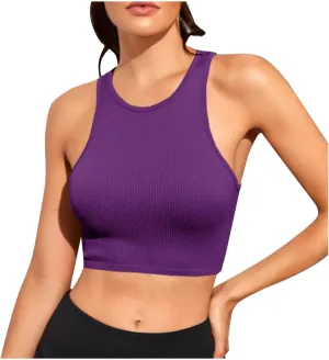 Women's Sports Tank Tops Ribbed Seamless Round Neck Workout Tank Tops Basic Workout Running Yoga Crop Top Athletic