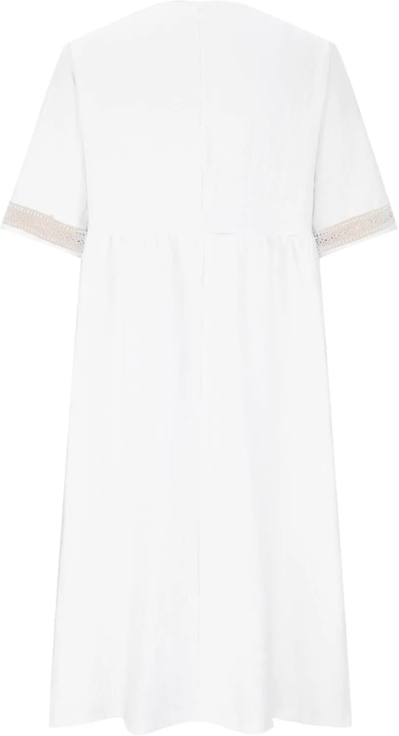 Women's Summer Casual Linen Dress Lace V Neck Half Sleeve A-Line Sundresses Pleated Flowy Loose Fit Midi Dresses