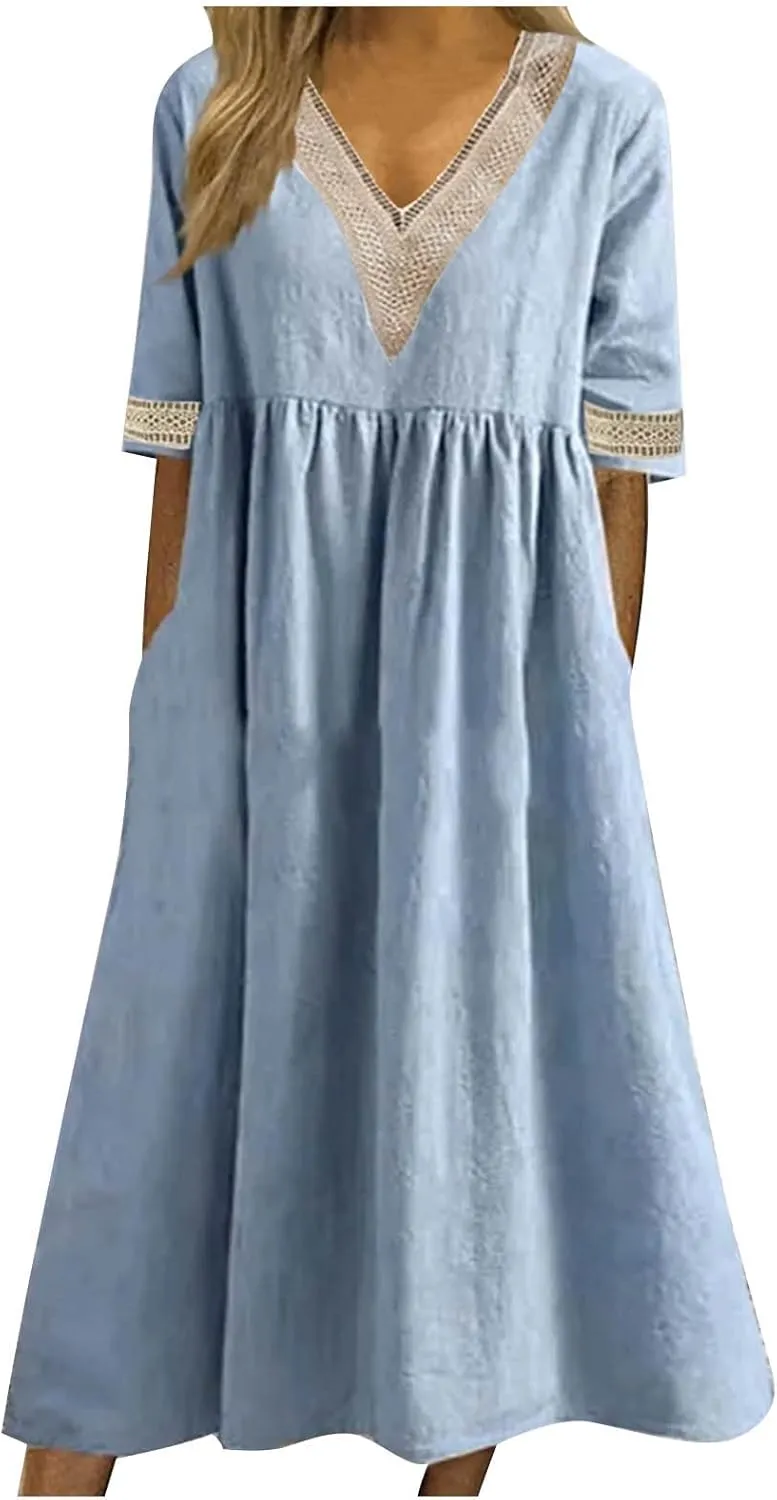 Women's Summer Casual Linen Dress Lace V Neck Half Sleeve A-Line Sundresses Pleated Flowy Loose Fit Midi Dresses