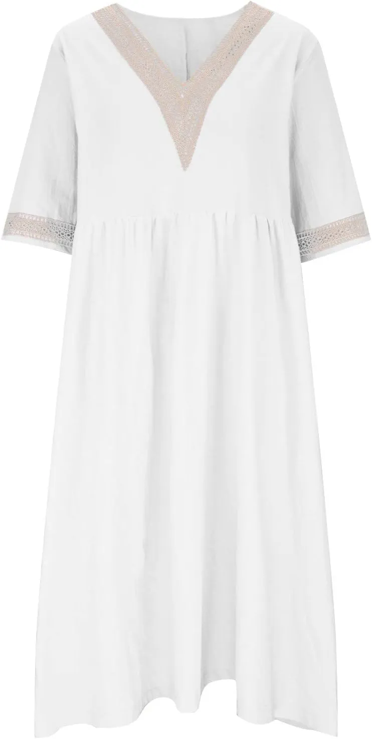 Women's Summer Casual Linen Dress Lace V Neck Half Sleeve A-Line Sundresses Pleated Flowy Loose Fit Midi Dresses