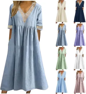 Women's Summer Casual Linen Dress Lace V Neck Half Sleeve A-Line Sundresses Pleated Flowy Loose Fit Midi Dresses
