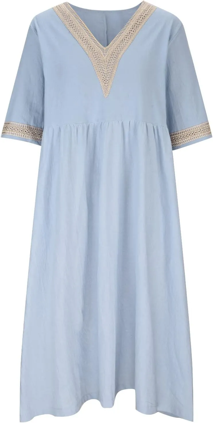 Women's Summer Casual Linen Dress Lace V Neck Half Sleeve A-Line Sundresses Pleated Flowy Loose Fit Midi Dresses