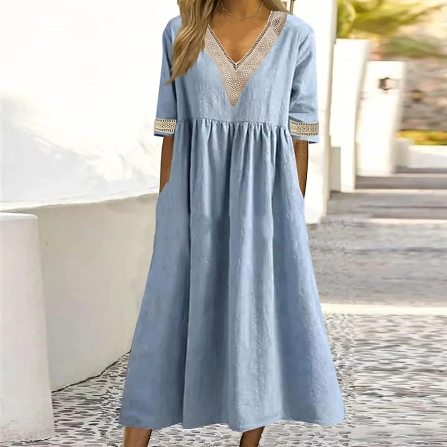 Women's Summer Casual Linen Dress Lace V Neck Half Sleeve A-Line Sundresses Pleated Flowy Loose Fit Midi Dresses