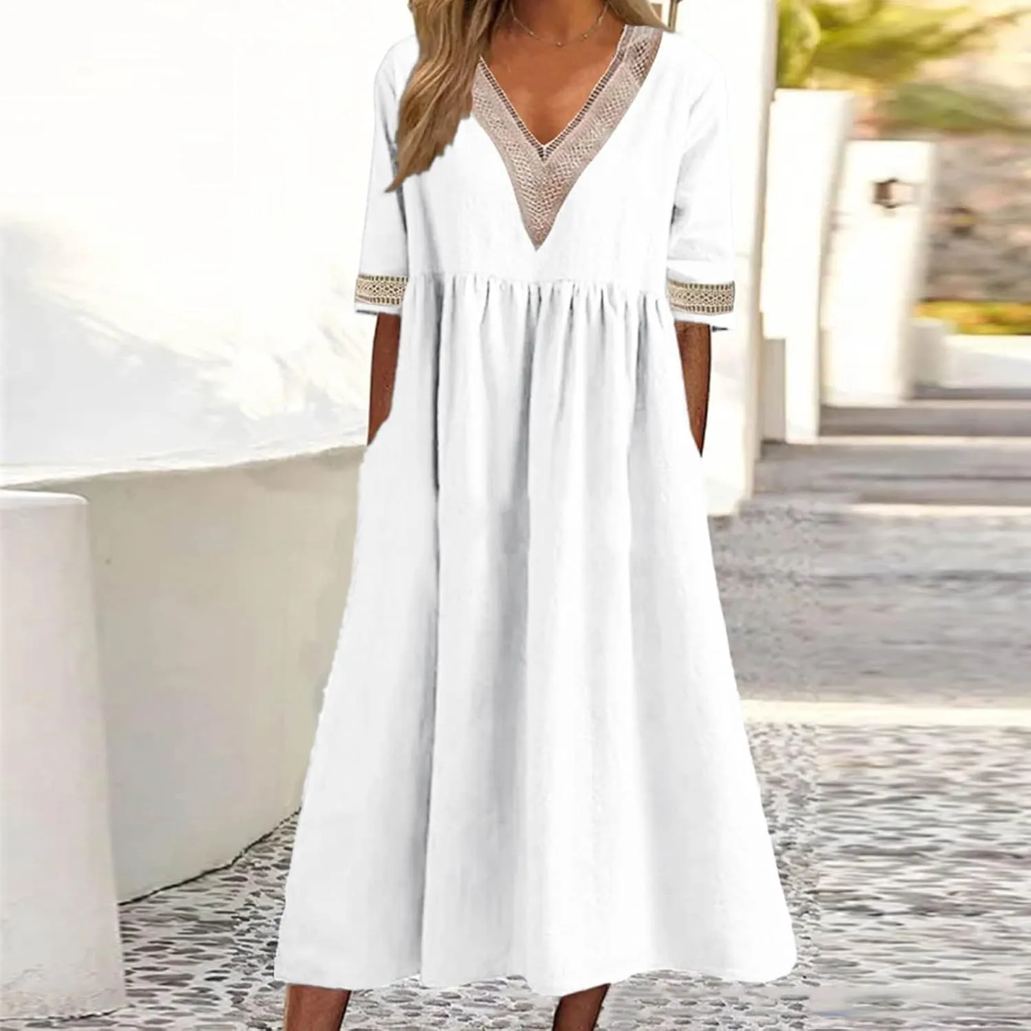 Women's Summer Casual Linen Dress Lace V Neck Half Sleeve A-Line Sundresses Pleated Flowy Loose Fit Midi Dresses