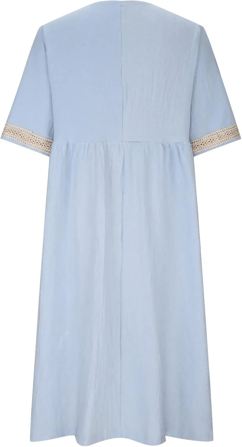 Women's Summer Casual Linen Dress Lace V Neck Half Sleeve A-Line Sundresses Pleated Flowy Loose Fit Midi Dresses