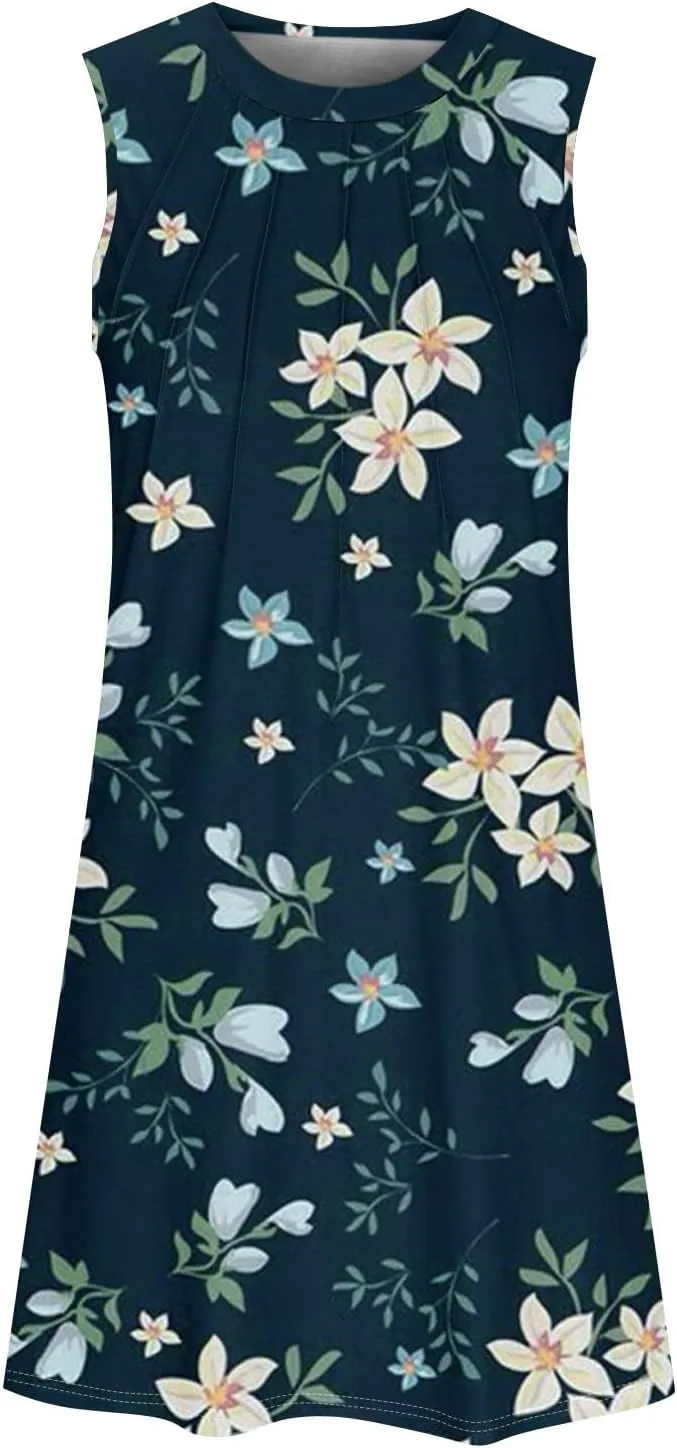 Women's Summer Casual U Neck Printed Sleeveless Dresses Fashion