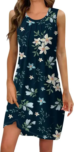 Women's Summer Casual U Neck Printed Sleeveless Dresses Fashion