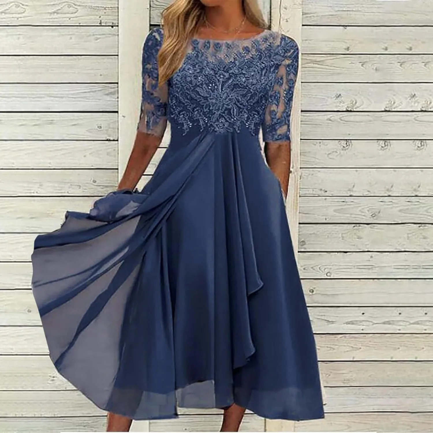 Women's Summer Chiffon Lace Maxi Dresses Half Sleeve Mesh Flowy Formal Evening Wedding Guest Party Dress
