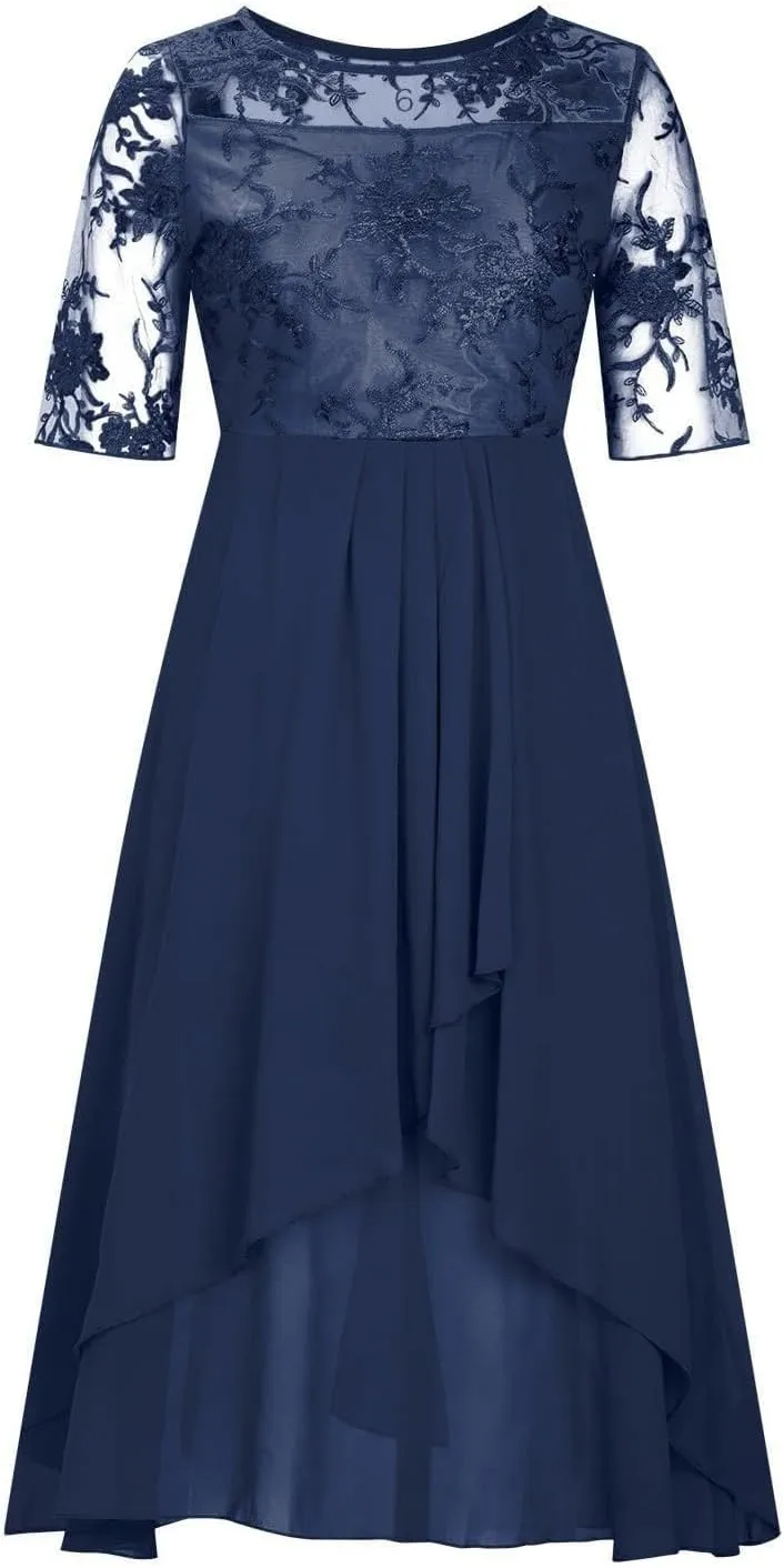 Women's Summer Chiffon Lace Maxi Dresses Half Sleeve Mesh Flowy Formal Evening Wedding Guest Party Dress