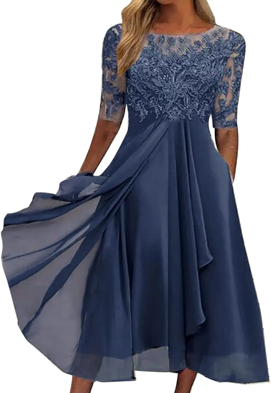 Women's Summer Chiffon Lace Maxi Dresses Half Sleeve Mesh Flowy Formal Evening Wedding Guest Party Dress
