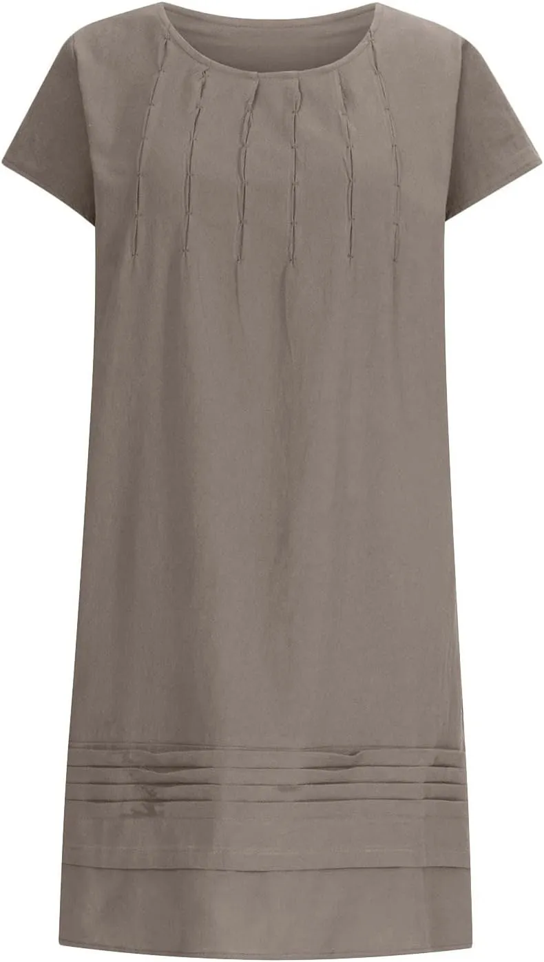 Women's Summer Cotton Linen Dress 2025 Short Sleeve Pleated Front Tshirt Dresses Flowy Boho Sundresses Beach Wear