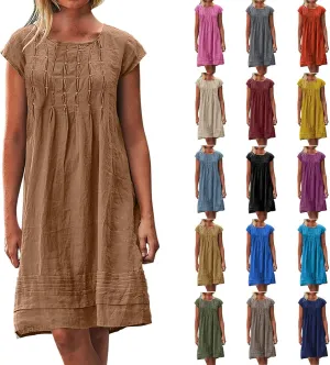 Women's Summer Cotton Linen Dress 2025 Short Sleeve Pleated Front Tshirt Dresses Flowy Boho Sundresses Beach Wear