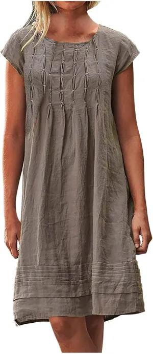 Women's Summer Cotton Linen Dress 2025 Short Sleeve Pleated Front Tshirt Dresses Flowy Boho Sundresses Beach Wear