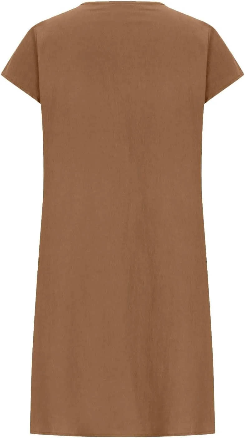 Women's Summer Cotton Linen Dress 2025 Short Sleeve Pleated Front Tshirt Dresses Flowy Boho Sundresses Beach Wear