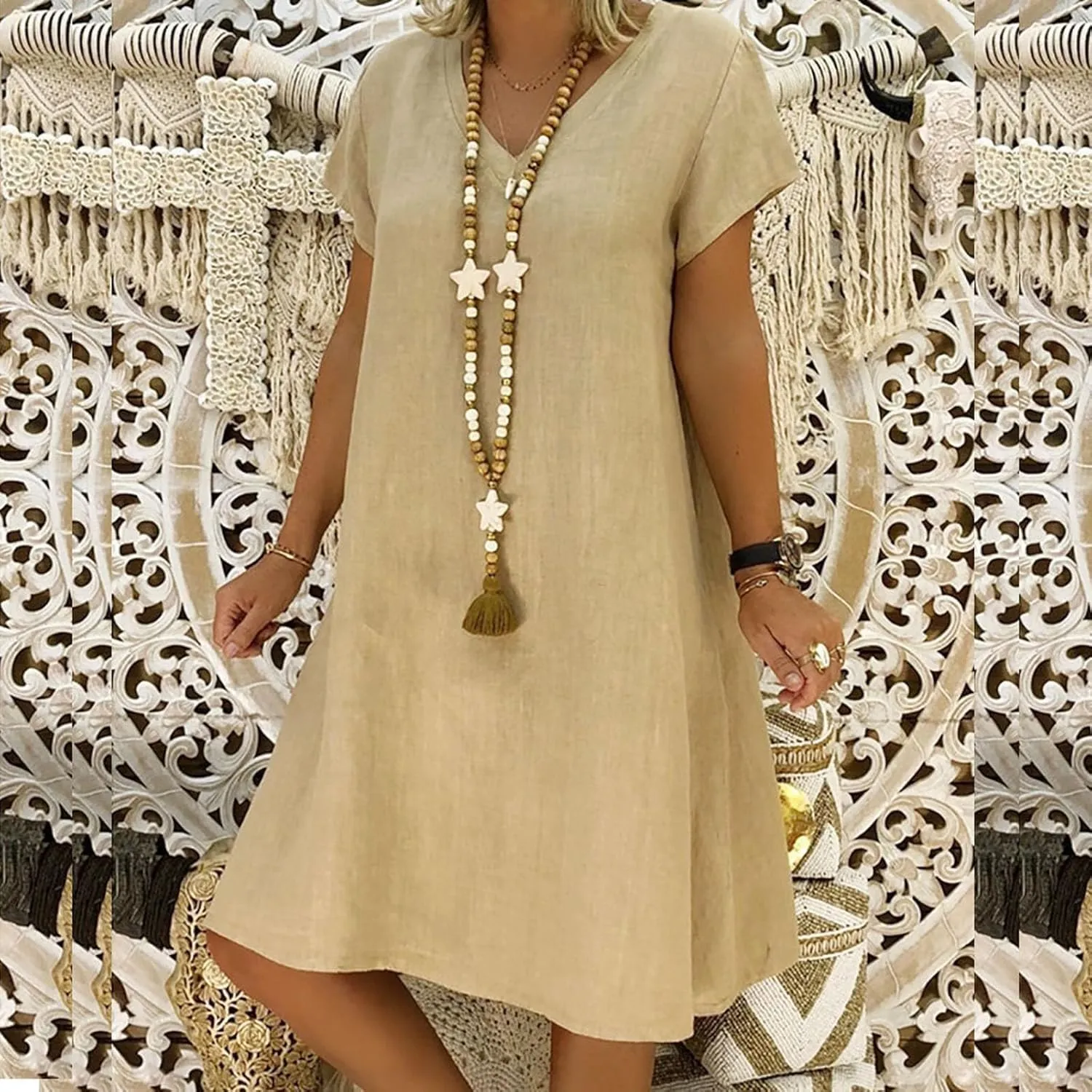 Womens Summer Cotton Linen Dress Loose Casual Short Sleeve V-Neck T-Shirt Dresses Beach Vacation Plus Size Dress