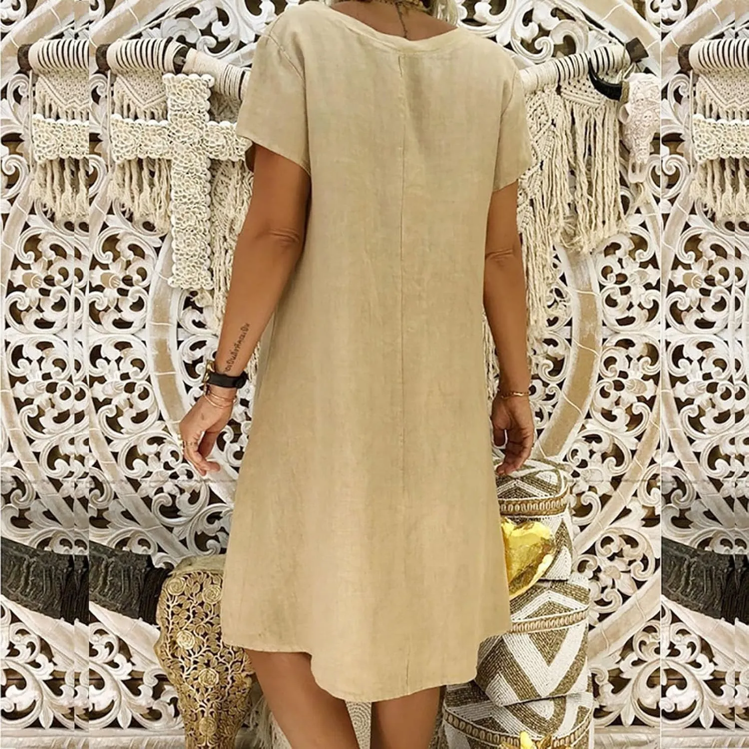 Womens Summer Cotton Linen Dress Loose Casual Short Sleeve V-Neck T-Shirt Dresses Beach Vacation Plus Size Dress