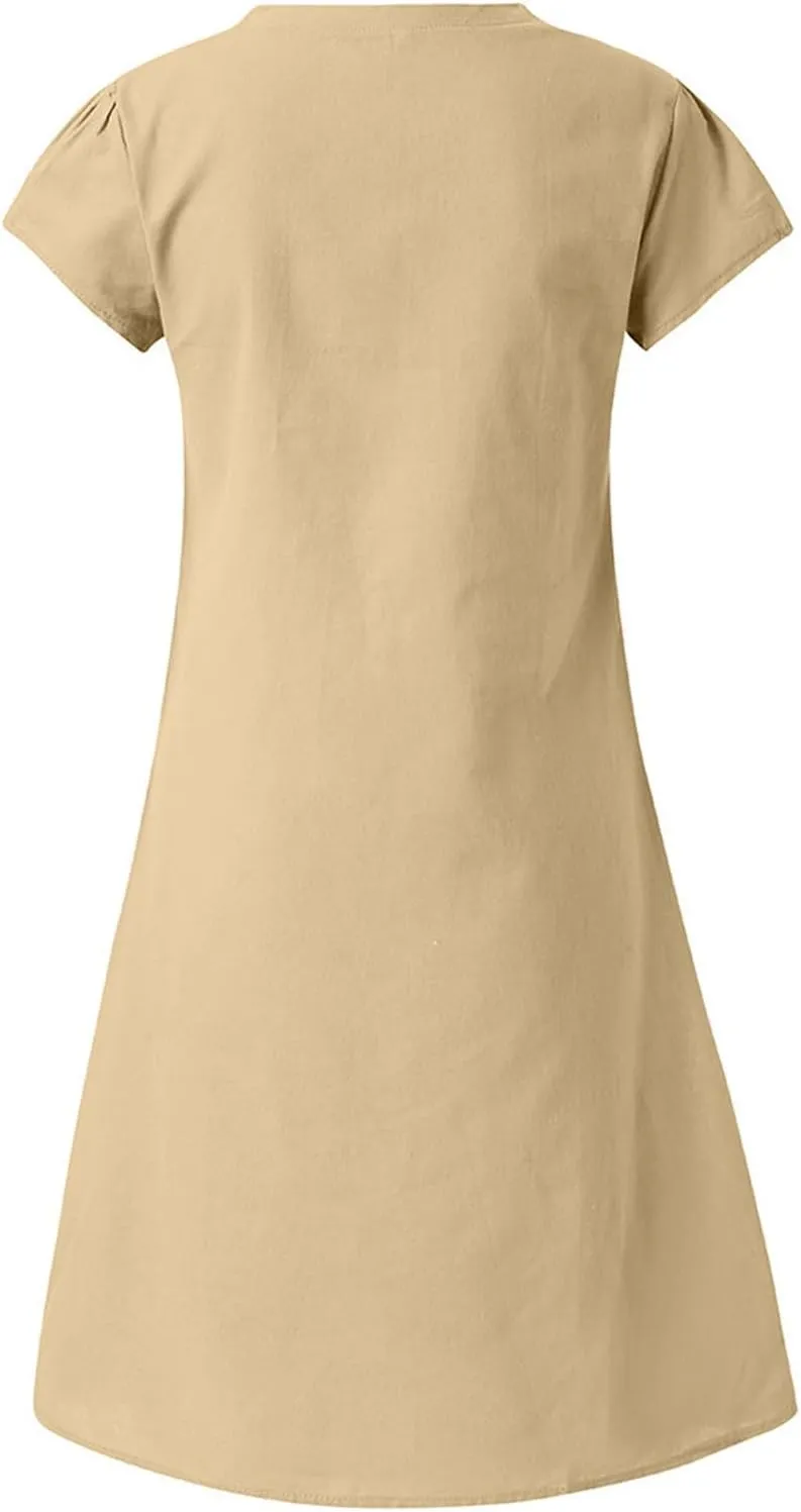 Womens Summer Cotton Linen Dress Loose Casual Short Sleeve V-Neck T-Shirt Dresses Beach Vacation Plus Size Dress