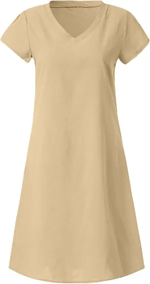 Womens Summer Cotton Linen Dress Loose Casual Short Sleeve V-Neck T-Shirt Dresses Beach Vacation Plus Size Dress