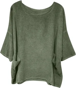 Women's Summer Cotton Linen Shirts Oversized Boho Half Sleeve Tunic Tops with Pocket Casual Comfy Beach Camping Outfit