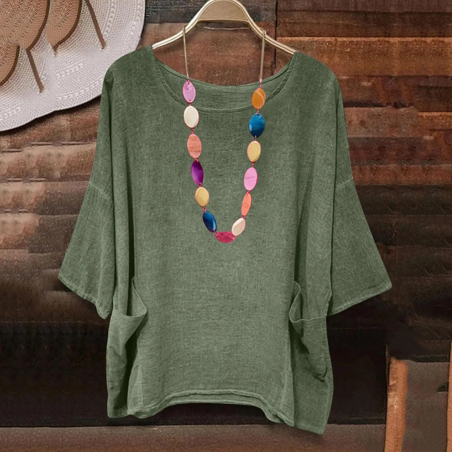 Women's Summer Cotton Linen Shirts Oversized Boho Half Sleeve Tunic Tops with Pocket Casual Comfy Beach Camping Outfit