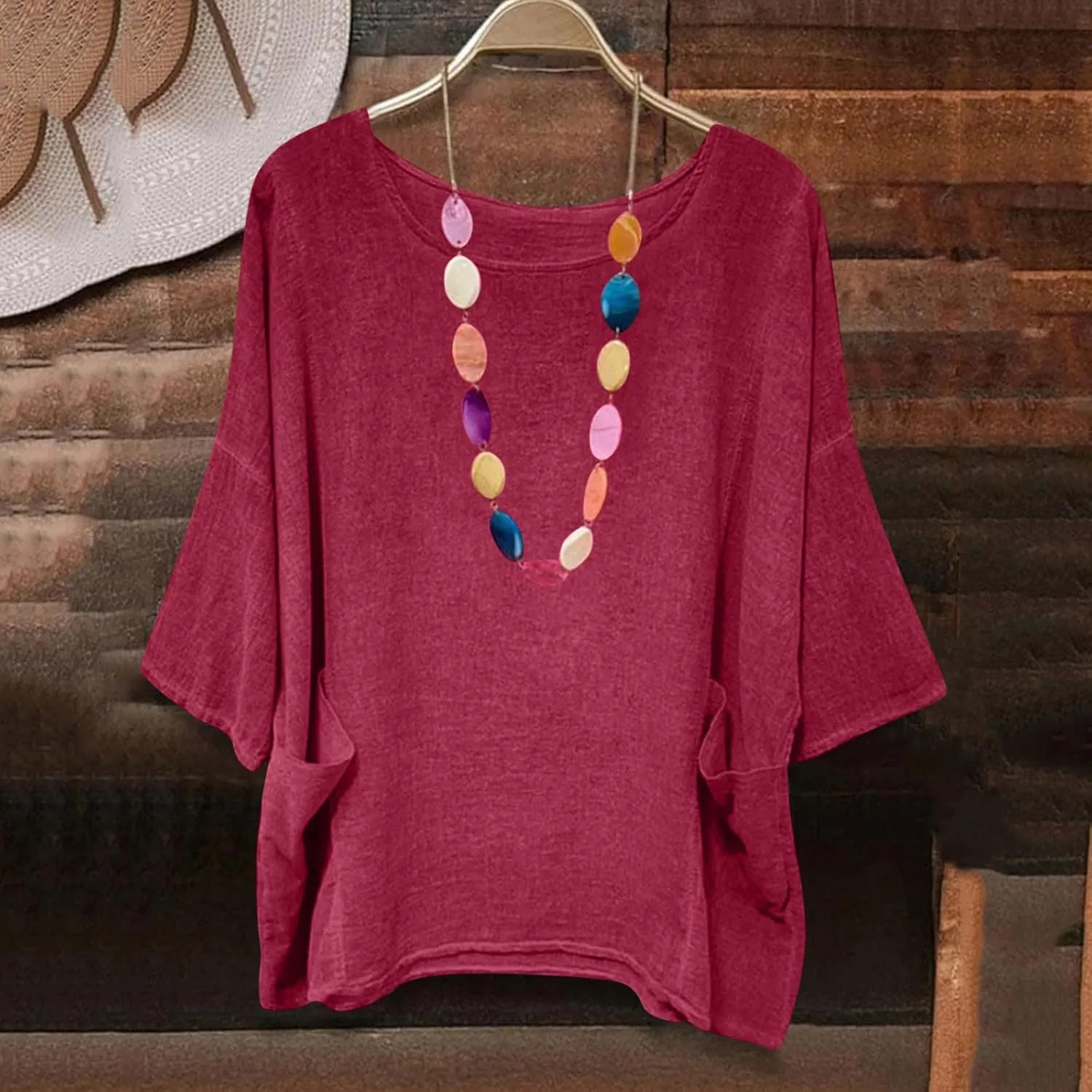 Women's Summer Cotton Linen Shirts Oversized Boho Half Sleeve Tunic Tops with Pocket Casual Comfy Beach Camping Outfit