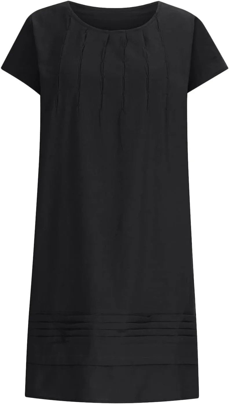 Womens Summer Dresses Short Sleeve Linen Dress Crewneck Tshirt Dress Pleated Sundress Casual Beach Vacation Outfits