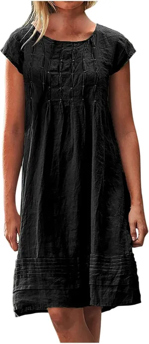 Womens Summer Dresses Short Sleeve Linen Dress Crewneck Tshirt Dress Pleated Sundress Casual Beach Vacation Outfits