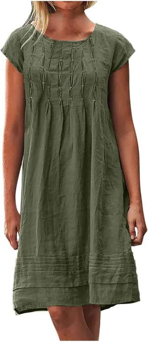 Womens Summer Dresses Short Sleeve Linen Dress Crewneck Tshirt Dress Pleated Sundress Casual Beach Vacation Outfits