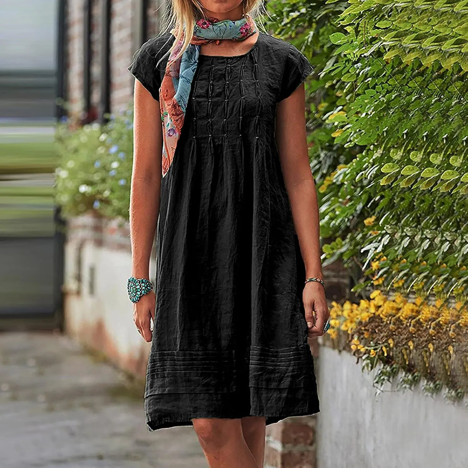 Womens Summer Dresses Short Sleeve Linen Dress Crewneck Tshirt Dress Pleated Sundress Casual Beach Vacation Outfits