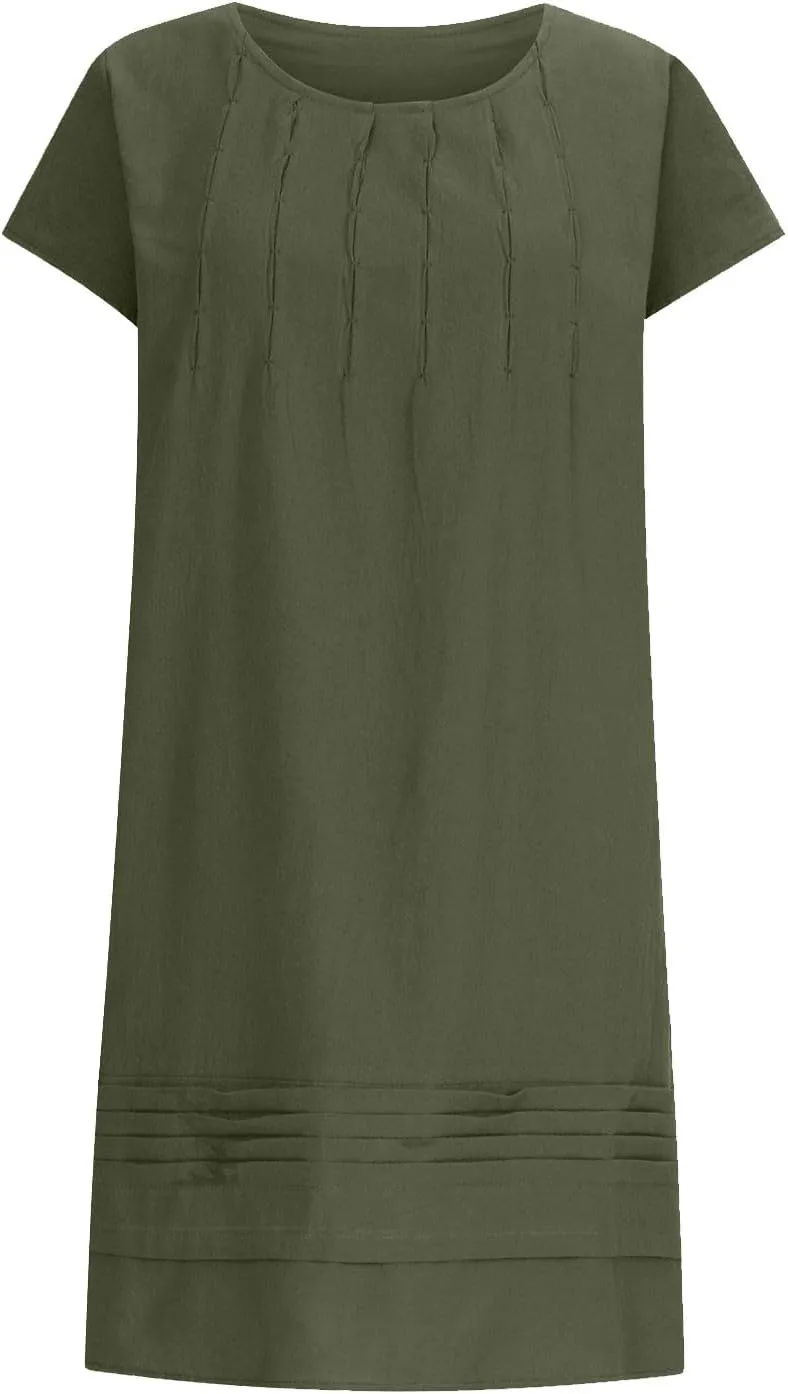 Womens Summer Dresses Short Sleeve Linen Dress Crewneck Tshirt Dress Pleated Sundress Casual Beach Vacation Outfits