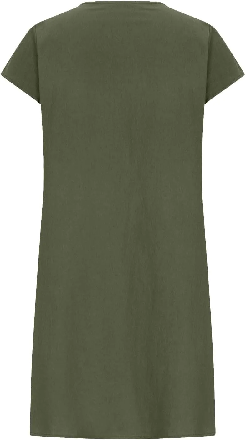 Womens Summer Dresses Short Sleeve Linen Dress Crewneck Tshirt Dress Pleated Sundress Casual Beach Vacation Outfits