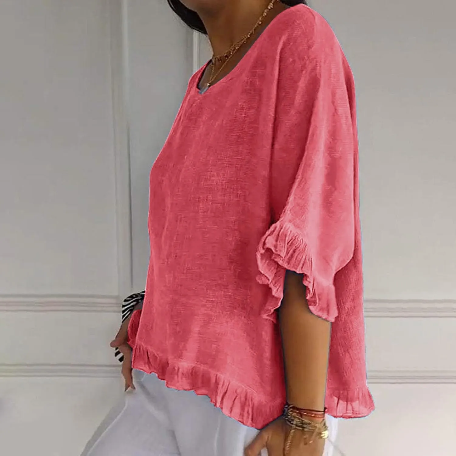 Womens Summer Linen Shirts Cute Ruffle Elbow Sleeve Cotton Tops Casual Crew Neck Plain Tshirt Loose Peasant Blouses