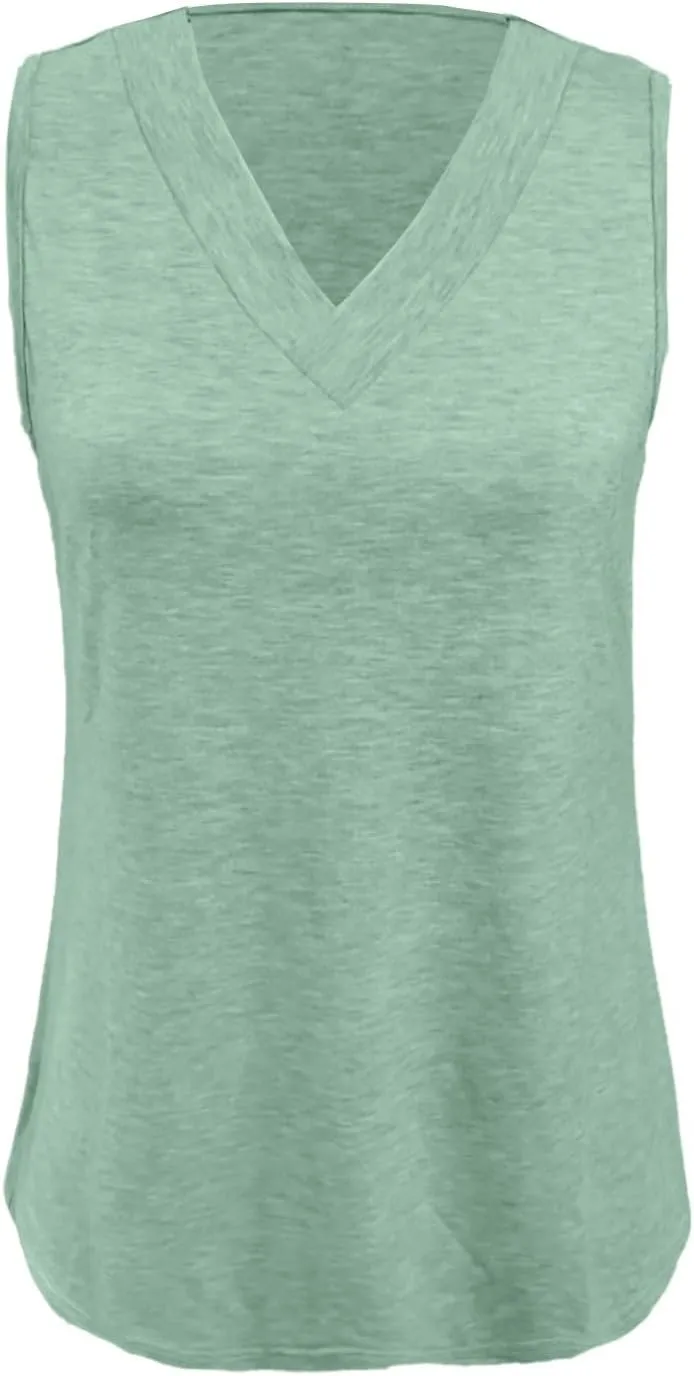 Womens Summer Tank Top Solid Color 2025 Vacation Sleeveless V Neck Loose Tee Beach Clothes Fashion Outfits