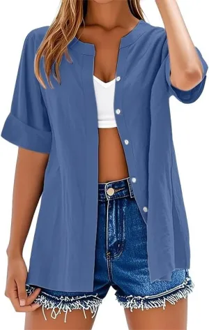 Women's Summer Tops 2025 Trendy Short Sleeve Cotton Linen Shirt Casual Button V Neck Tunic Blouses