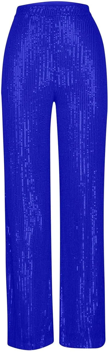 Women's Summer Wide Leg Pants Casual Sequins High Waisted Palazzo Pants Fashion Dressy Elegant Flowy Trousers
