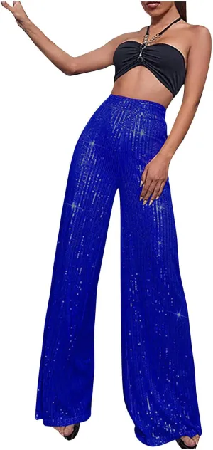 Women's Summer Wide Leg Pants Casual Sequins High Waisted Palazzo Pants Fashion Dressy Elegant Flowy Trousers